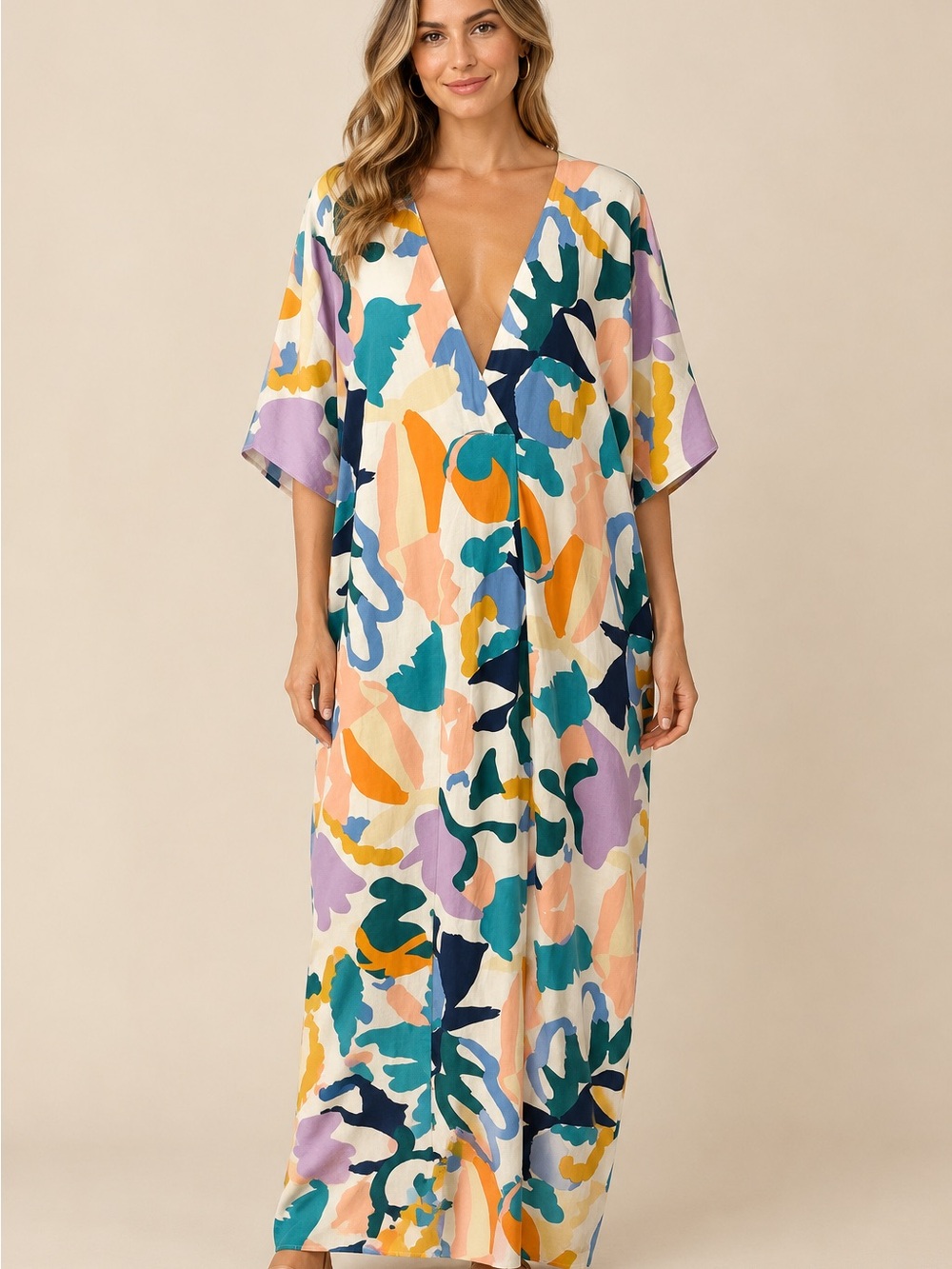 Entro Abstract V-Neck Tunic Top - Teal, Navy, Orange, Lavender, Cream #moo moo